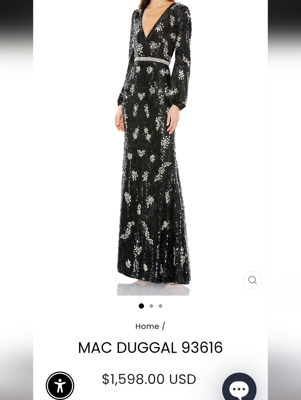 Mac Duggal Black 93616 Bishop Long Sleeve V Neck Sequin Gown Size 10 NWT